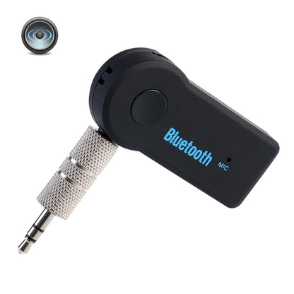 Black Bluetooth music receiver with built-in mic and 3.5mm audio plug