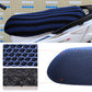 Motorcycle seat cover with navy blue striped mesh and close-up fabric inserts