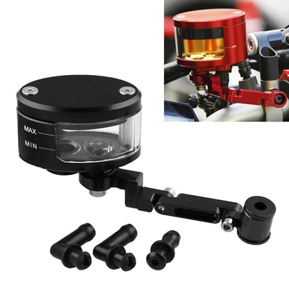 Black front brake oil cup reservoir with clear window, mounting bracket, and hose fittings