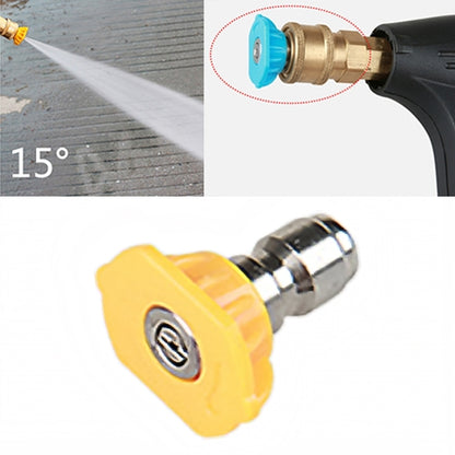 Car wash jet nozzle accessory with blue 15° tip attached to spray gun