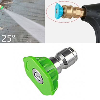 Car wash jet nozzle adapter with green 25° tip and brass connector on a spray gun