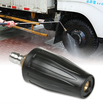Black high-pressure washer nozzle tip with brass fitting and metal connector