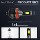 LED fog light bulb with black fins and red base ring, shown with size diagram.