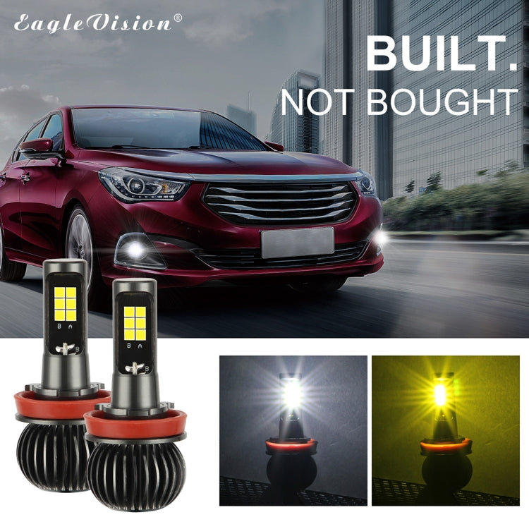 LED fog light bulbs and installed headlamp view with white and amber light modes.