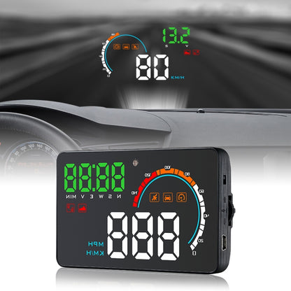 Vehicle GPS head-up display unit with green speed and compass-style dial on black screen