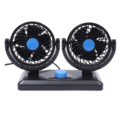 Two-head mini car fan, black casing with blue fan centers, on dual base