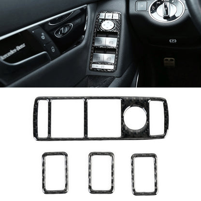 Carbon-fiber window lift panel sticker set with glossy black trim and switch cutouts