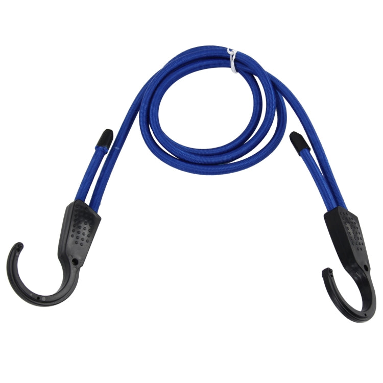 Blue elastic car fastening rope with black hook clamps, adjustable strap