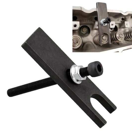 Valve spring compressor tool with black bar base and threaded pull rod
