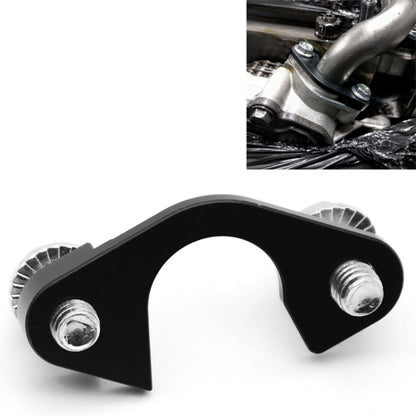Billet oil pump sensor tube bracket with black arm and two silver threaded bolts