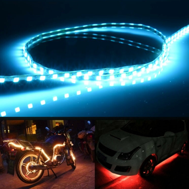 Flexible waterproof car LED strip light emitting blue light in a curved loop with LEDs