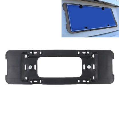 Black license plate bracket frame with large center cutout and multiple mounting holes.