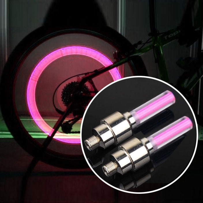 Wheel tire lamp pair with pink glow light tubes and metal threaded caps