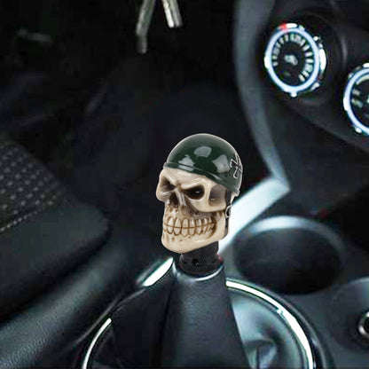 Skull-shaped resin gear shift knob with green helmet and black base for auto cars
