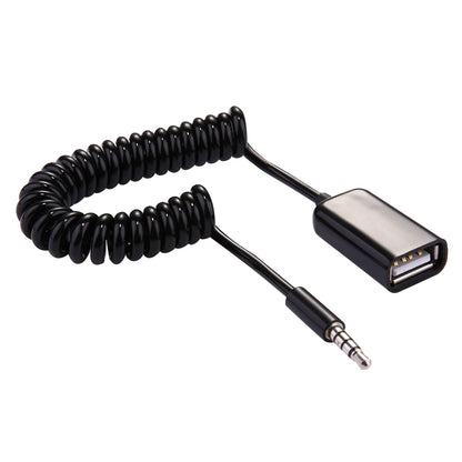 Retractable coiled audio converter cable with 3.5mm plug and USB-A female port