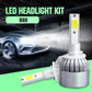LED headlight kit with two bulbs, silver cooling fins and yellow COB lamp modules