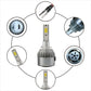 LED headlight bulb kit showing two bulbs, plus plug and side view inset details