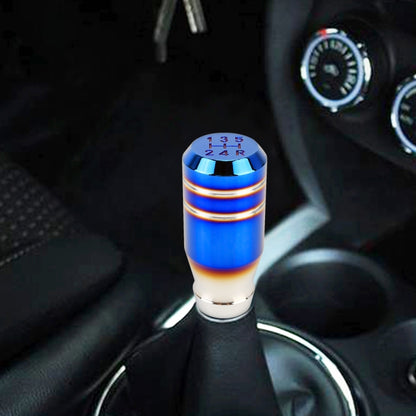 Blue 5-speed manual gear shift knob with chrome rings and red/black gear markings