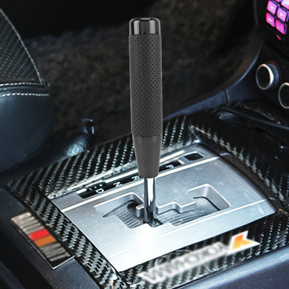 Black perforated leather-textured metal car shift knob, long column 18x3.3cm
