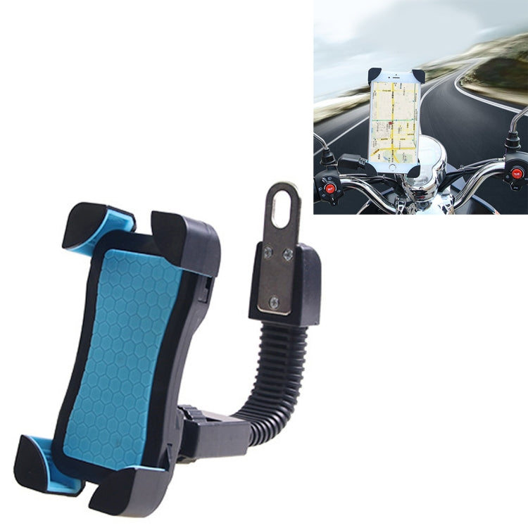 Blue motorcycle phone holder with black cradle, spring arm, and handlebar clamp mount