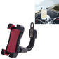 Red ABS motorcycle phone holder with black cradle, spring arm, and handlebar clamp mount