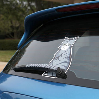 Reflective vinyl rear windshield cat decal on wiper, frowning, striped tail