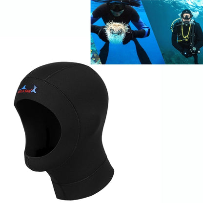 Black neoprene dive hood with face opening and stitched seams, DIVE & SAIL logo