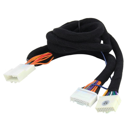 Car wiring harness with black loom and multiple white connector plugs