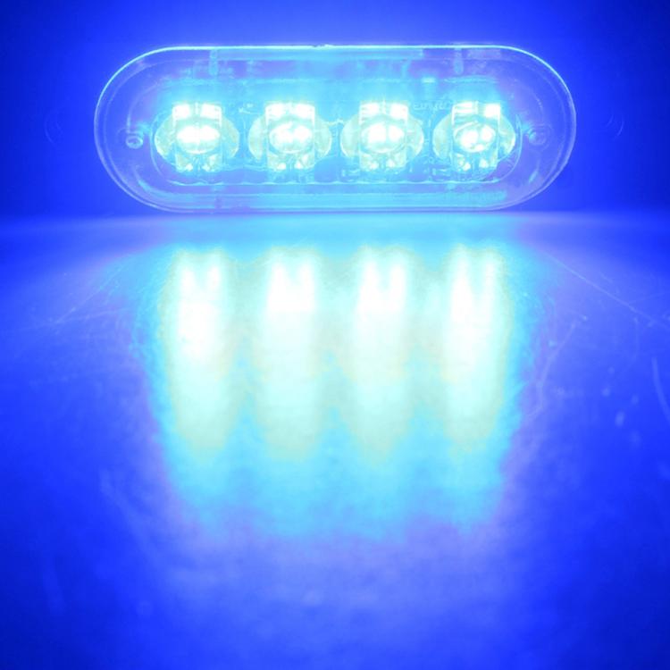 4-LED strobe warning light glowing blue through clear lens
