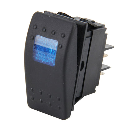 4-pin waterproof rocker switch with blue illuminated indicator light, black housing