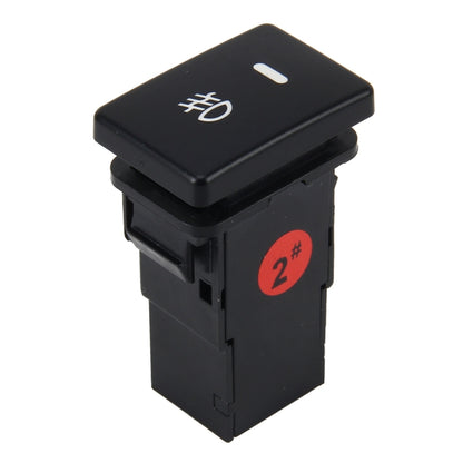 Car fog light indicator switch, black, 'fog' icon on button, 5-pin connector housing