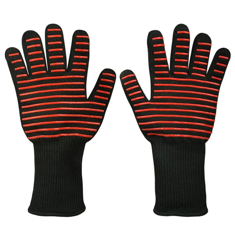 Black cooking gloves with orange-red horizontal silicone stripes and knit cuffs.