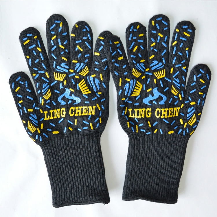 Cotton cooking gloves with dark blue silicone grip and yellow pattern, knit cuff.