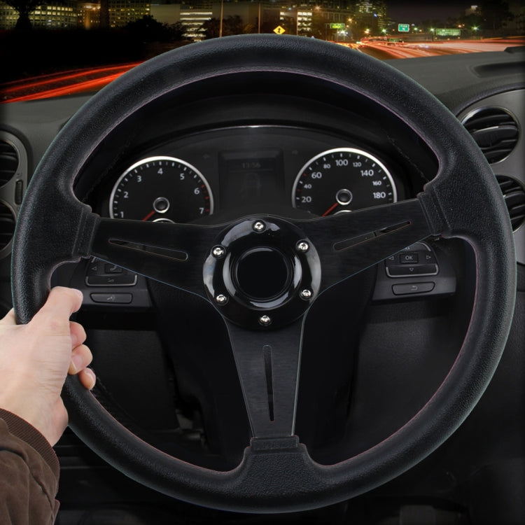 Black PU racing sport steering wheel with grip spokes and central hub in a car interior