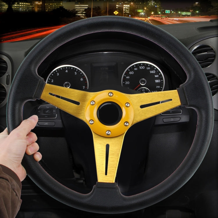 Gold PU racing sport steering wheel with central hub and three-spoke grips