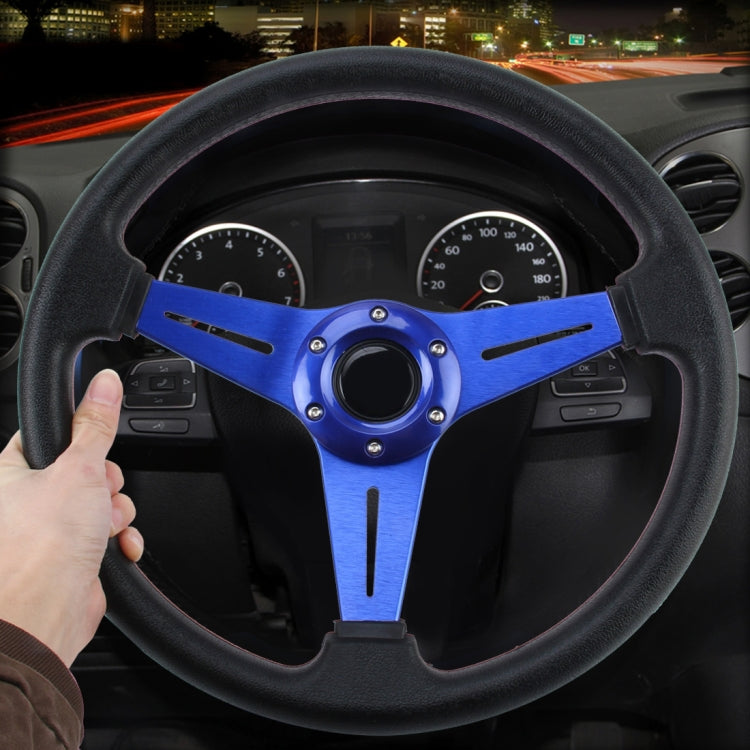 Blue PU racing sport steering wheel with central hub and three-spoke grips