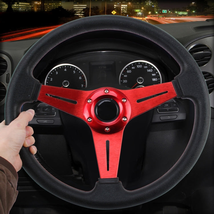 Red PU racing sport steering wheel with central hub and three-spoke grips
