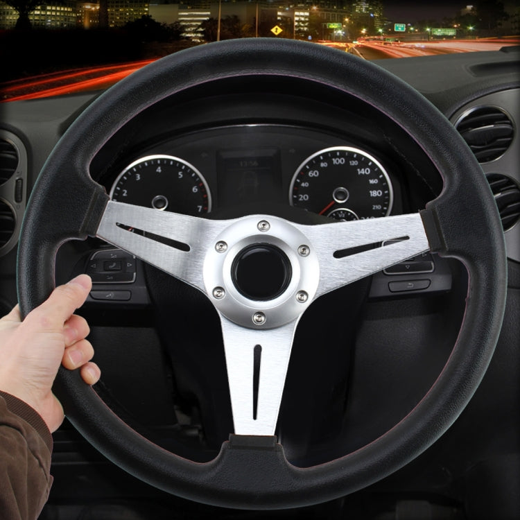 35cm PU racing sport steering wheel with black rim, silver spokes, and center hub controls