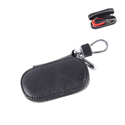 Black leather zipper key holder wallet with metal ring and clip