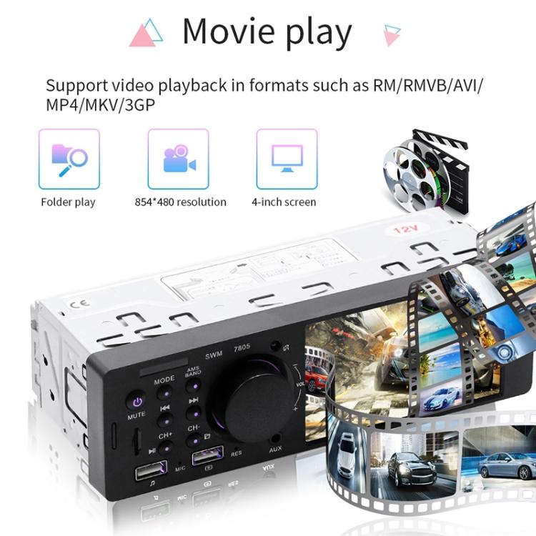 In-dash MP5 receiver with flip screen and film-style video playback graphics