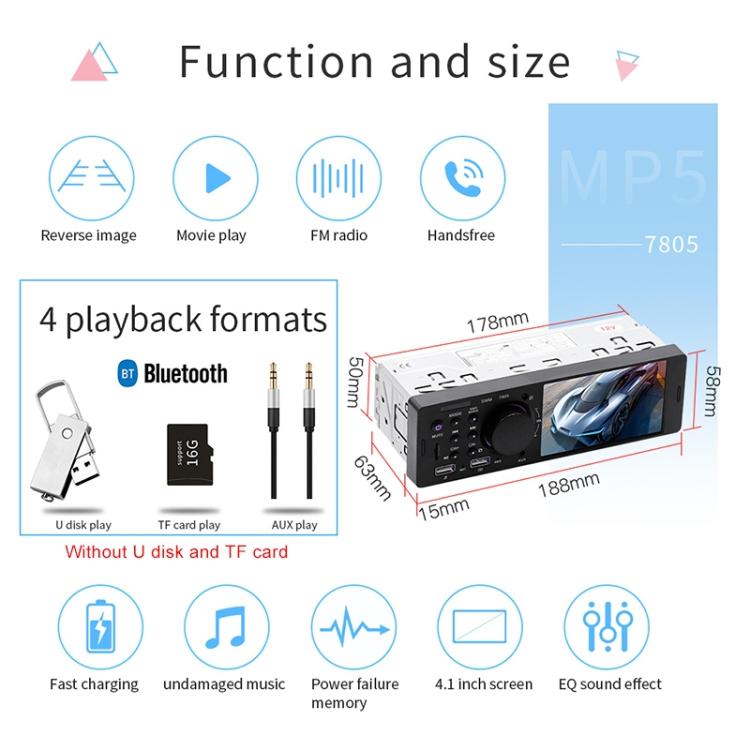 Universal car MP5 receiver with 4.1-inch screen, showing playback and size information