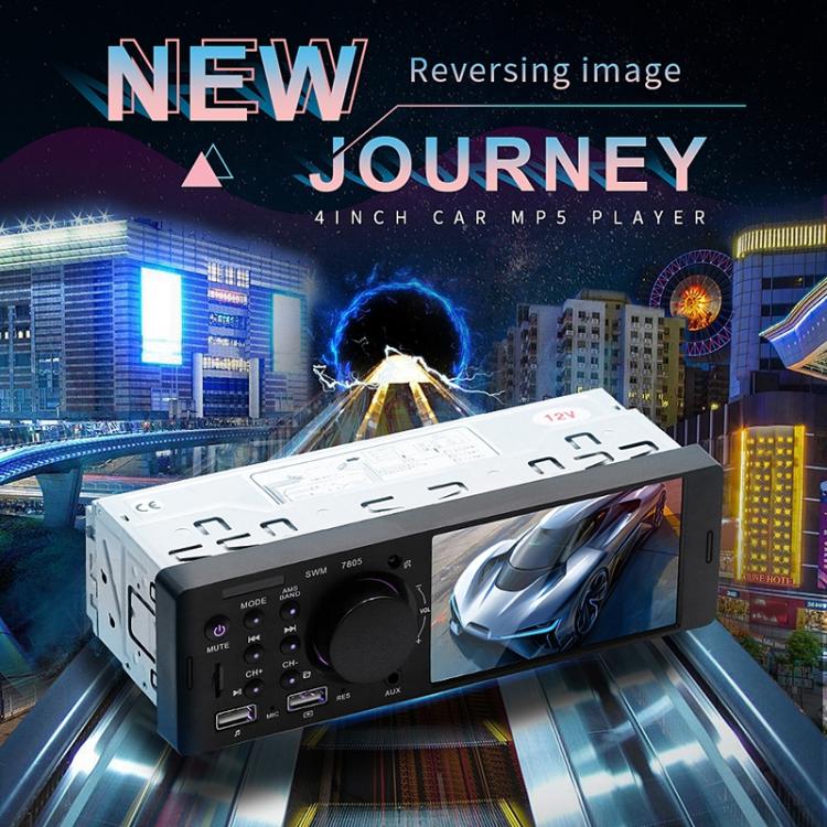 Universal car MP5 receiver with 4.1-inch display and rotary control shown at angle