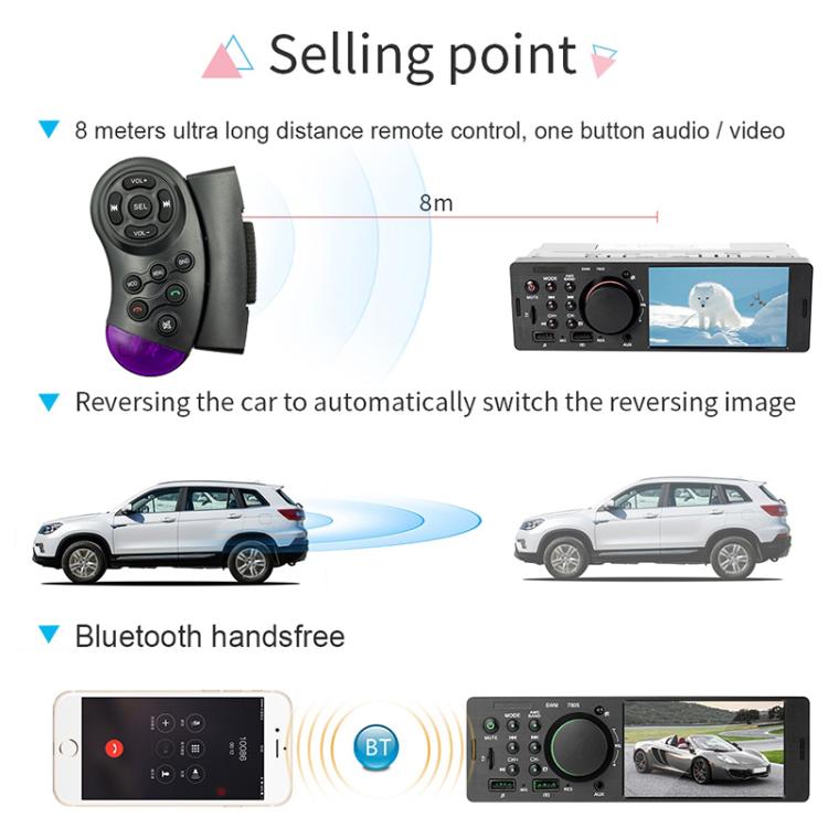 Car MP5 receiver and remote control, with screen and control panel shown