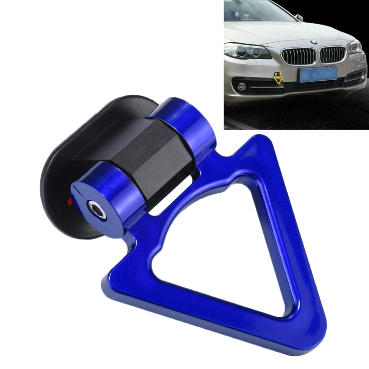 Blue car tow hook with black mounting base and triangular opening for bumper