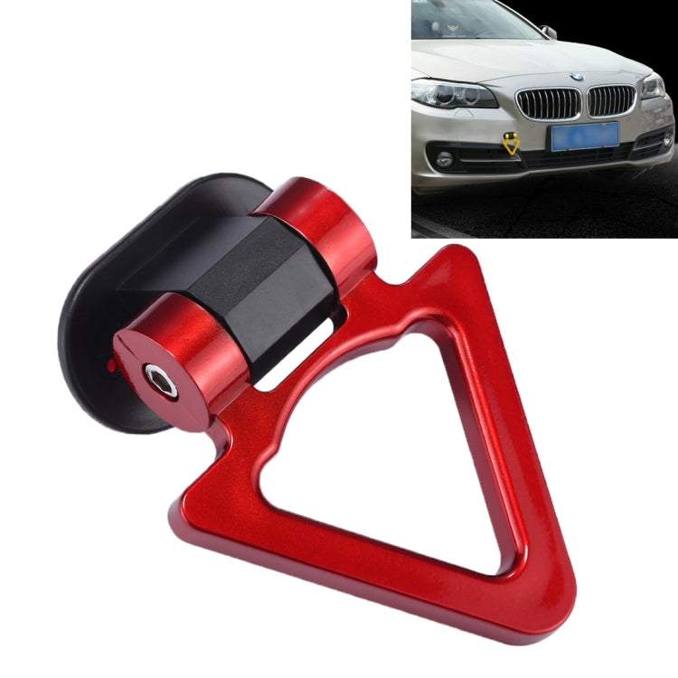 Red car tow hook with black mounting base and triangular opening for bumper