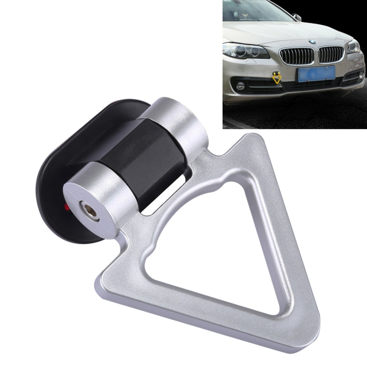Silver car tow hook with black mounting base and triangular opening for bumper