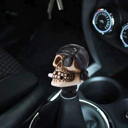 Pirate skull gear shift knob cover, black resin skull with bandana and ridged base