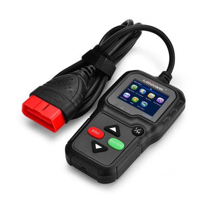 KONNWEI KW680 mini OBDII scan tool with black body, red buttons, and color touchscreen