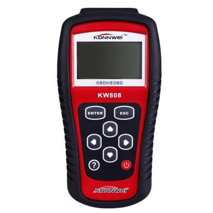 OBD2 code reader diagnostic scanner, red and black handheld with LCD screen and buttons