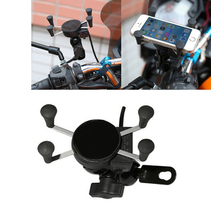 Motorcycle phone holder with USB charger base and black 4-arm clamp, for mounting